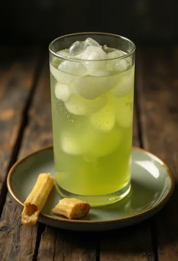 Glass of fresh green sugarcane juice with cut cane pieces