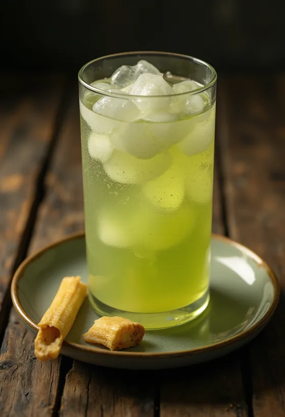 Glass of fresh green sugarcane juice with cut cane pieces