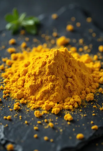 Curry powder scattered on a rustic wooden counter, in a small bowl