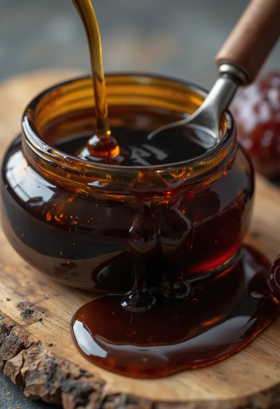 Date syrup in a small bottle, thick brown syrup dripping from a wooden spoon