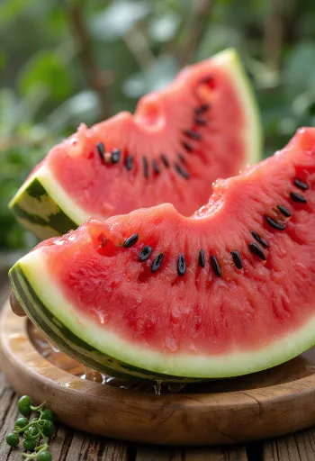 Fresh cut watermelon with red flesh and black seeds on wooden surface