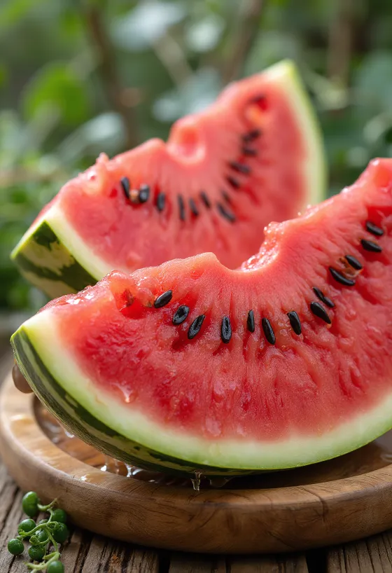 Fresh cut watermelon with red flesh and black seeds on wooden surface