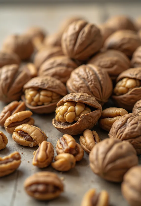 Walnut kernels halved in a wooden bowl and scattered on rustic surface