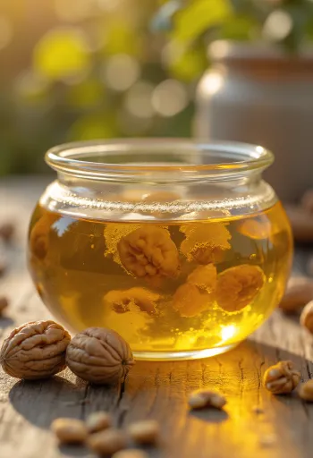 Walnut oil in a bottle surrounded by walnuts in natural light