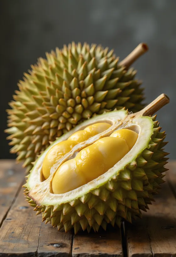 Whole and cut durian fruit with spiky husk and creamy inner flesh
