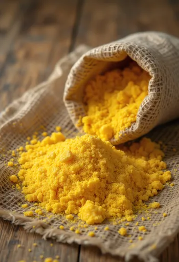 Coarse golden cornmeal (polenta) in wooden bowl and scattered