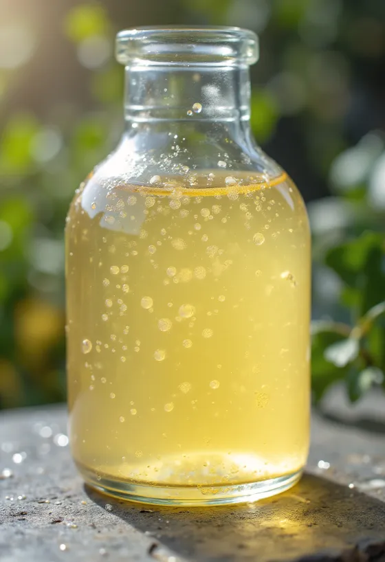 Vinegar in a glass bowl surrounded by apple, grapes, rice, malt, and mother of vinegar on a rustic table