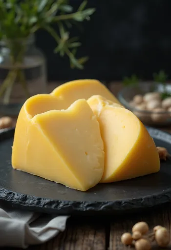Wedge of fresh Edam cheese in a white ceramic dish
