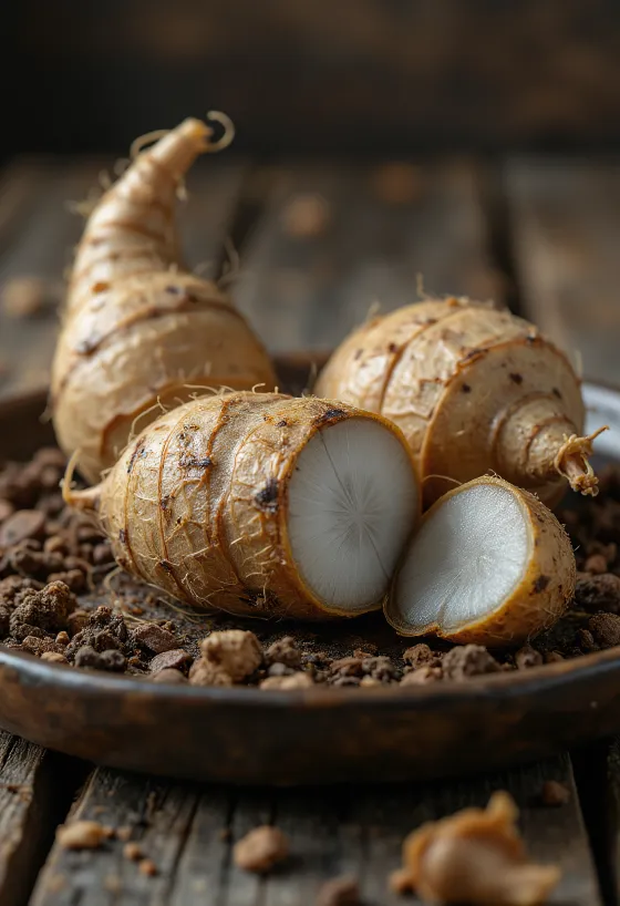 Whole eddoe roots showing textured brown skin