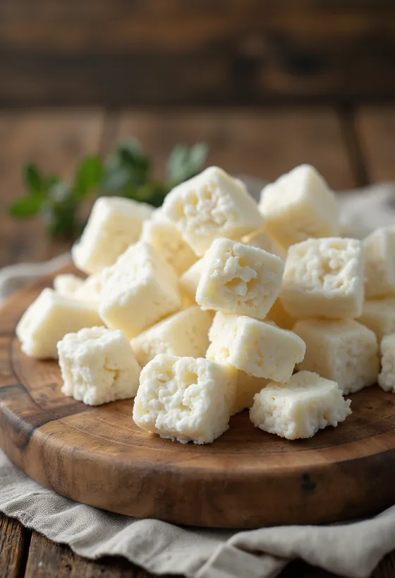 Fresh, crumbly sweet whey cheese in a white ceramic bowl