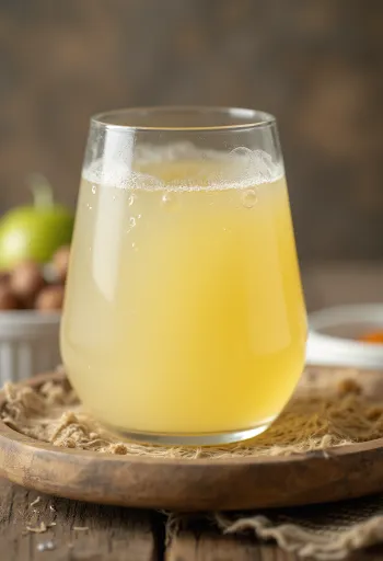 Glass bowl of sweet whey and a bottle of fresh whey on a rustic surface