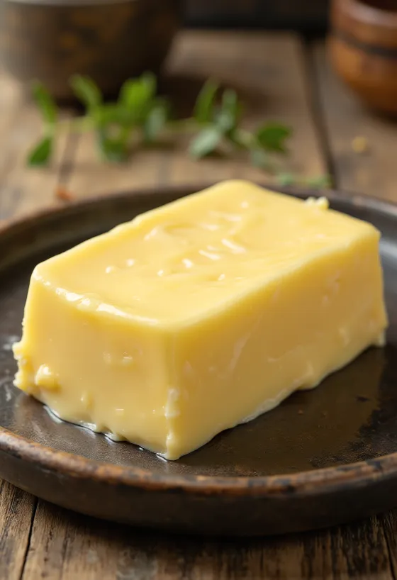 Sweet cream butter in a small dish on rustic surface