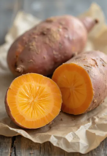 Halved and whole sweet potatoes on a wooden kitchen board