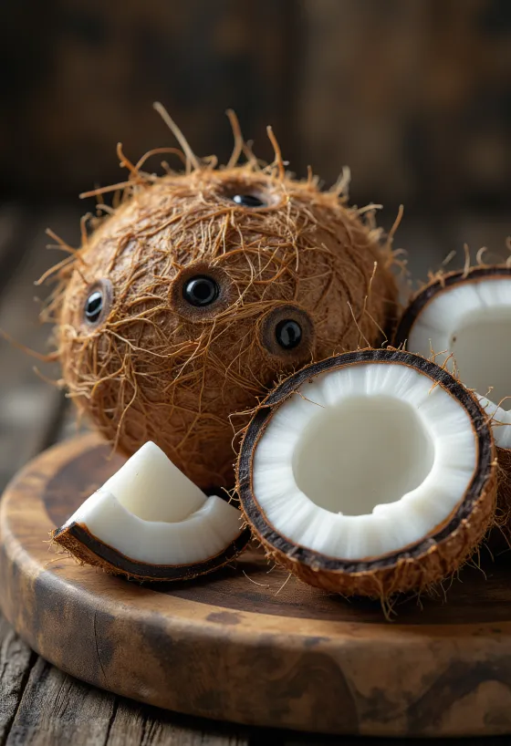 Whole coconuts and a cracked piece showing white meat