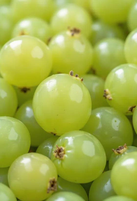 Fresh green and red gooseberries sliced, with leaf on wooden surface