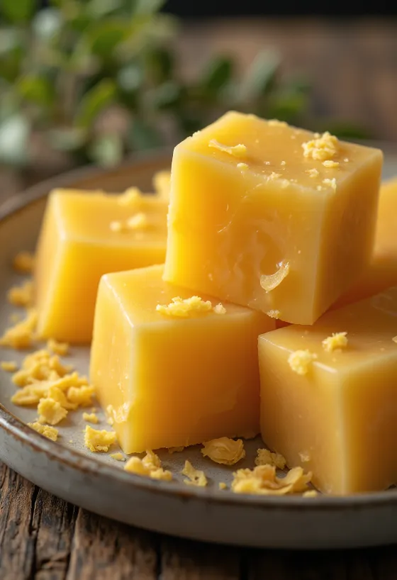 Food grade beeswax block and shavings on wooden surface