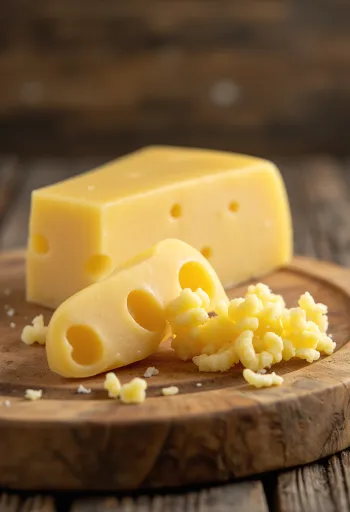 Block of fresh Emmental cheese with holes in a ceramic dish