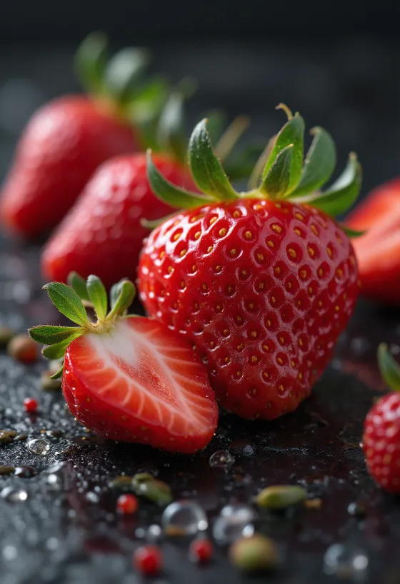 Fresh whole and halved strawberries on a rustic wooden table, with strawberry jam