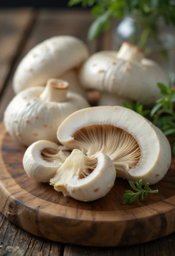 Sliced and cleaned Horse Mushrooms on a kitchen chopping board