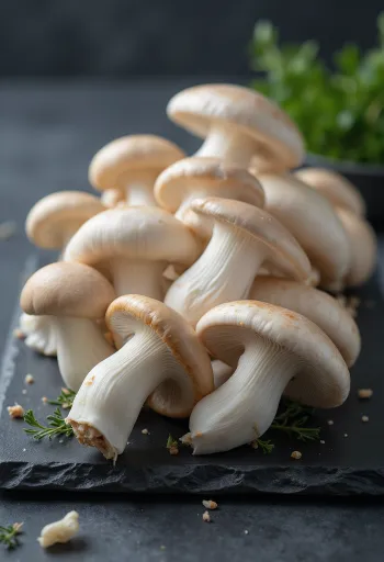 Fresh King Oyster mushrooms with thick white stems and brown caps on chopping board