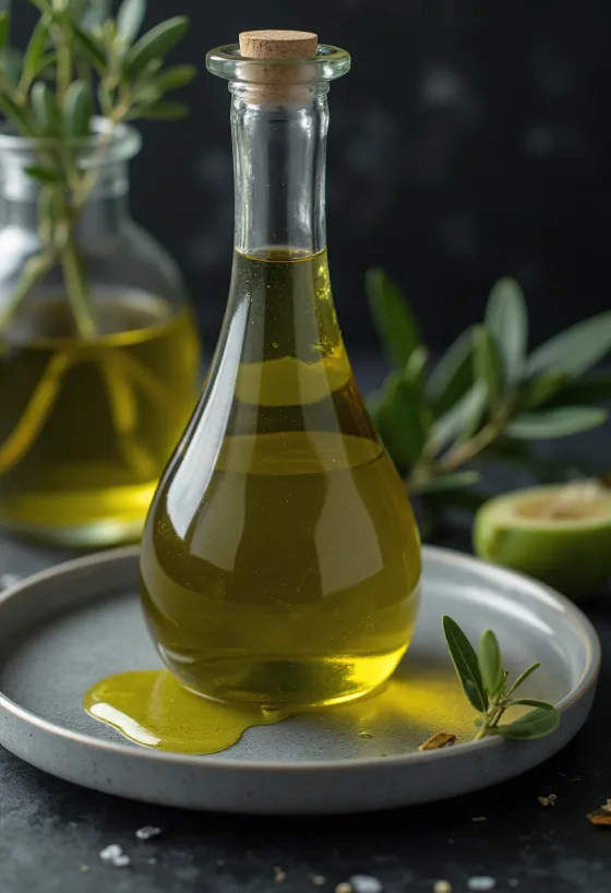 Extra virgin olive oil in a clear glass bowl, golden-green colour, on white background