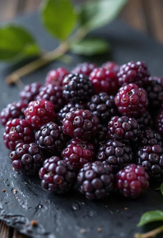 Fresh mulberries in various colours, whole and halved