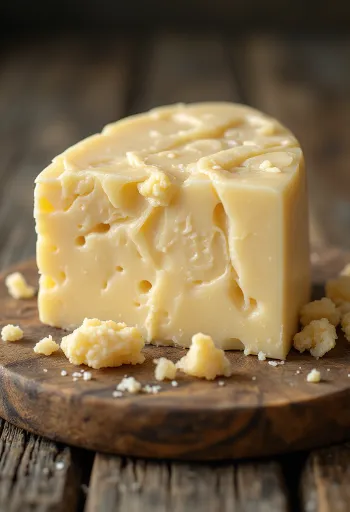 Block of white Cheddar cheese in a ceramic dish on a wooden table