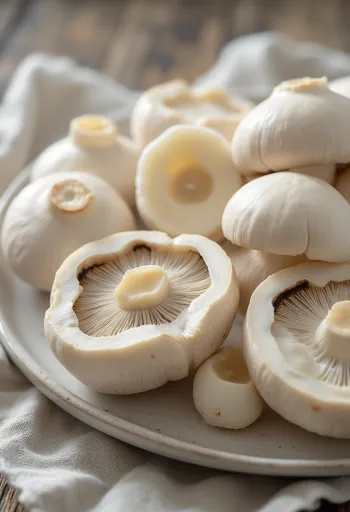 Sliced and cleaned white button mushrooms on a wooden chopping board