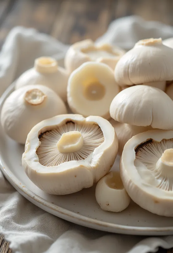 Sliced and cleaned white button mushrooms on a wooden chopping board