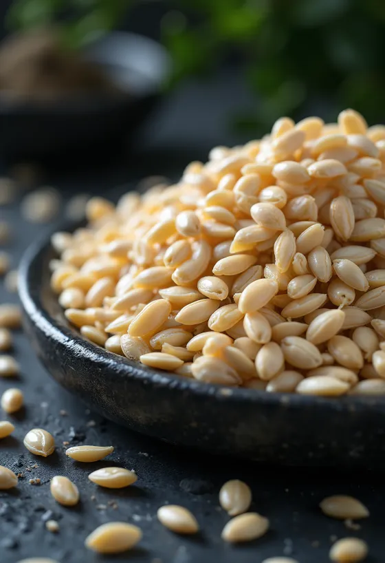 Unhulled white sesame seeds scattered on wood surface in small bowl