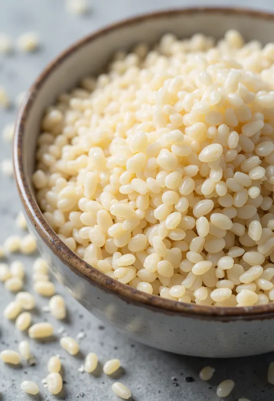 Close-up of dried white quinoa seeds showing natural texture.