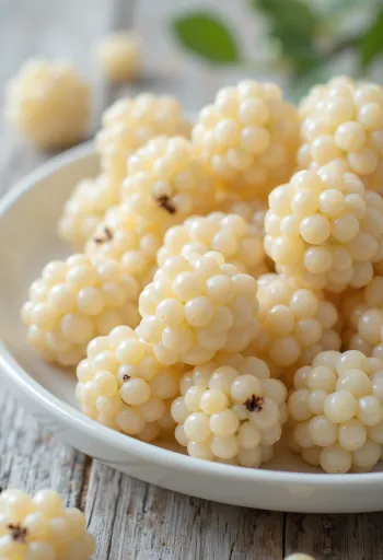 Fresh white mulberry (Morus alba) berries cut open and whole on a clean surface