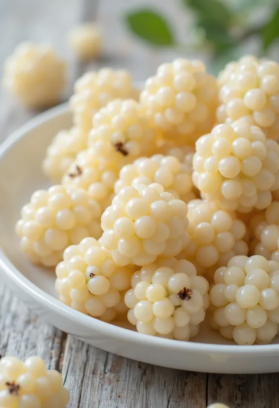 Fresh white mulberry (Morus alba) berries cut open and whole on a clean surface