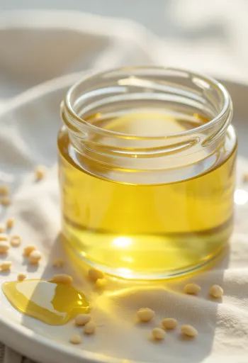 White sesame oil in a bottle and bowl with seeds