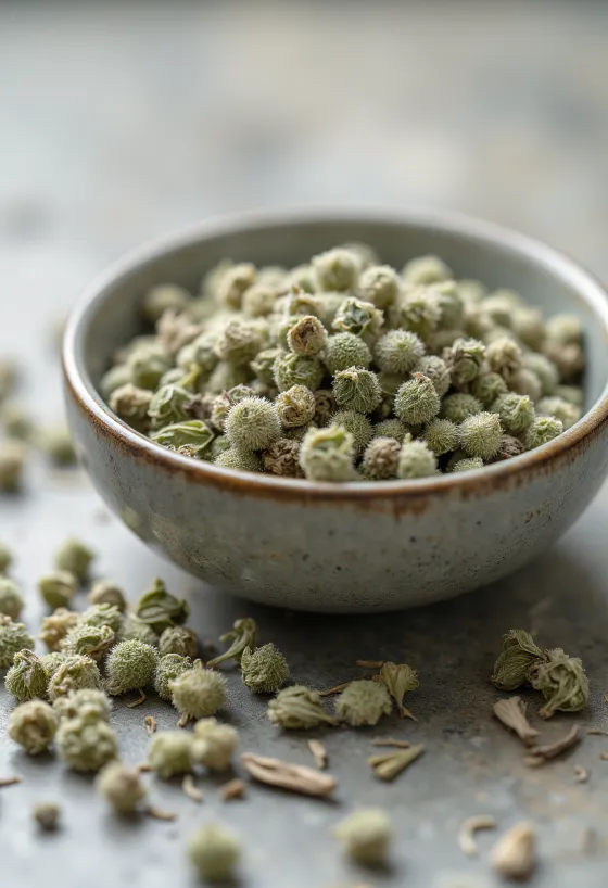Loose white tea leaves in a bowl with a wooden spoon and scattered leaves