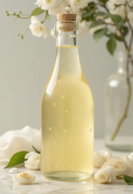 White wine vinegar in a glass bowl, accompanied by white grapes and must