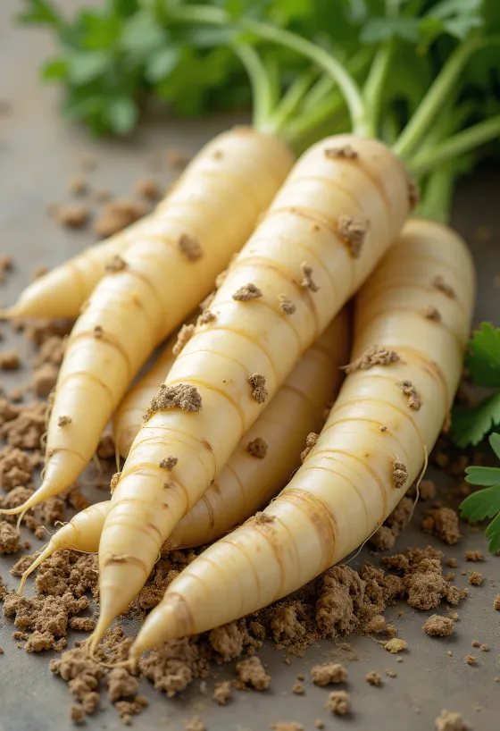 Fresh parsley root with green leaves, sliced on wooden cutting board