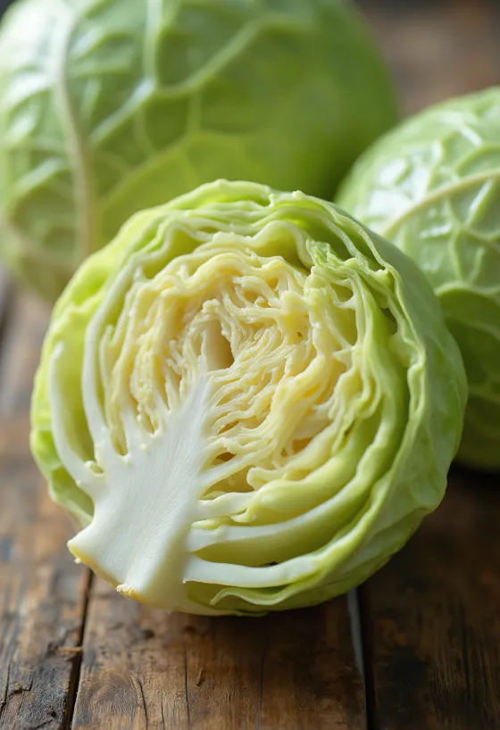 Fresh white cabbage on chopping board, natural light