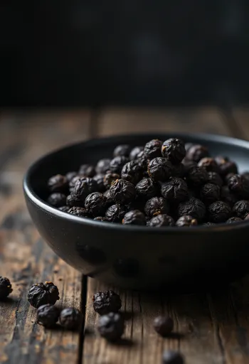 Whole black peppercorns in a wooden bowl and scattered