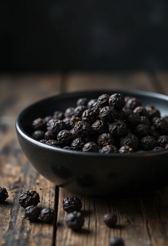 Whole black peppercorns in a wooden bowl and scattered