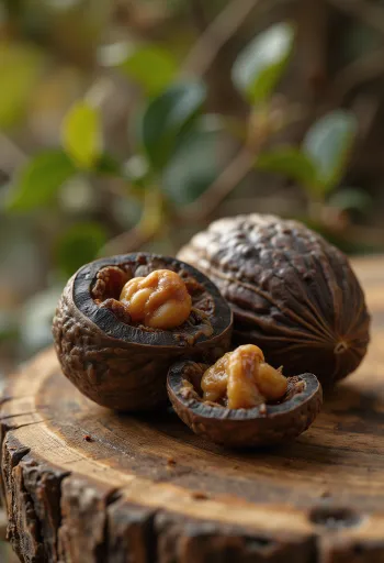 Shelled black walnut kernels in rustic bowl, natural light