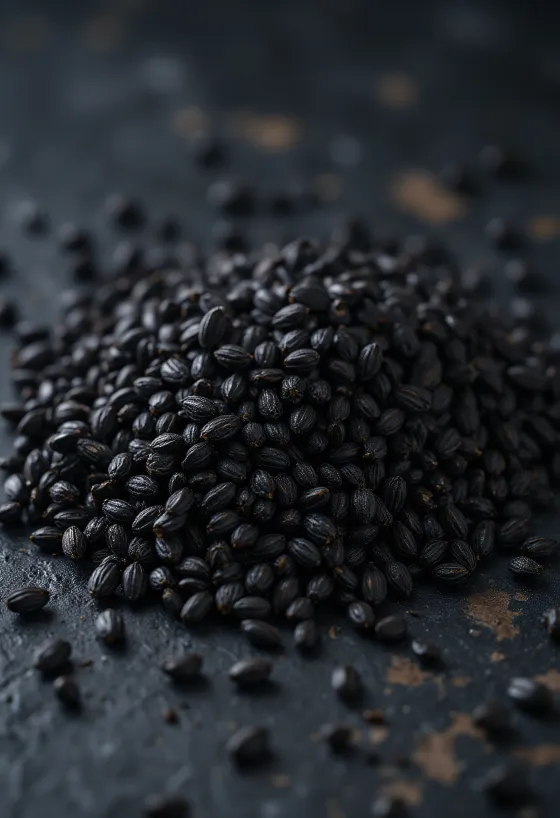 Unhulled black sesame seeds scattered on a wooden surface and in a small bowl