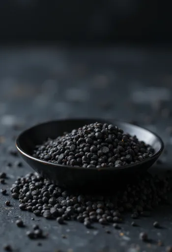 Whole black mustard seeds in a small wooden bowl