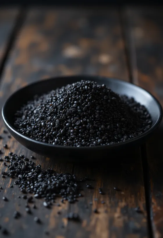Dried black quinoa seeds with detailed texture and dark colour.