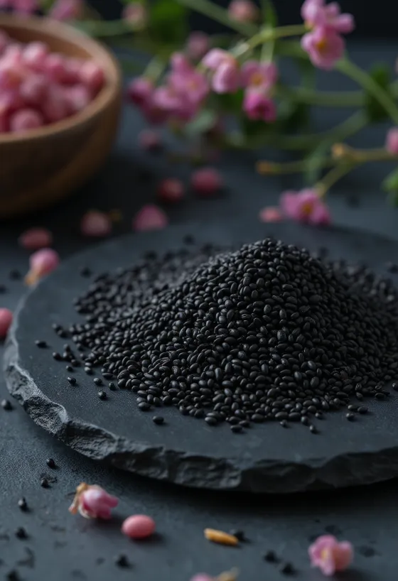 Black sesame seeds in a rustic bowl under natural lighting