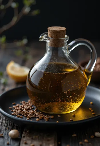 Black sesame oil in a bottle and bowl, accompanied by seeds