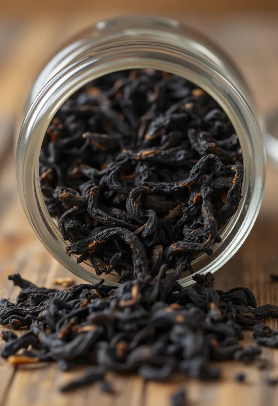 Loose leaf black tea as a kitchen ingredient in a bowl with a wooden spoon