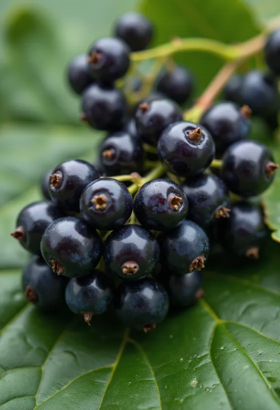 Fresh blackcurrant berries in a bowl and on a table with homemade jam and leaves
