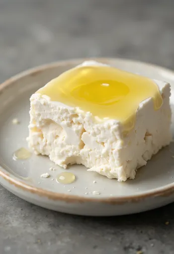 Feta cheese diced and crumbled on a wooden chopping board