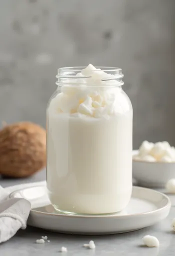 Refined coconut oil in small bowl, white coconut flakes